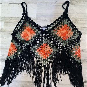 Vivid Boho Black Green Orange Crochet Top Size L